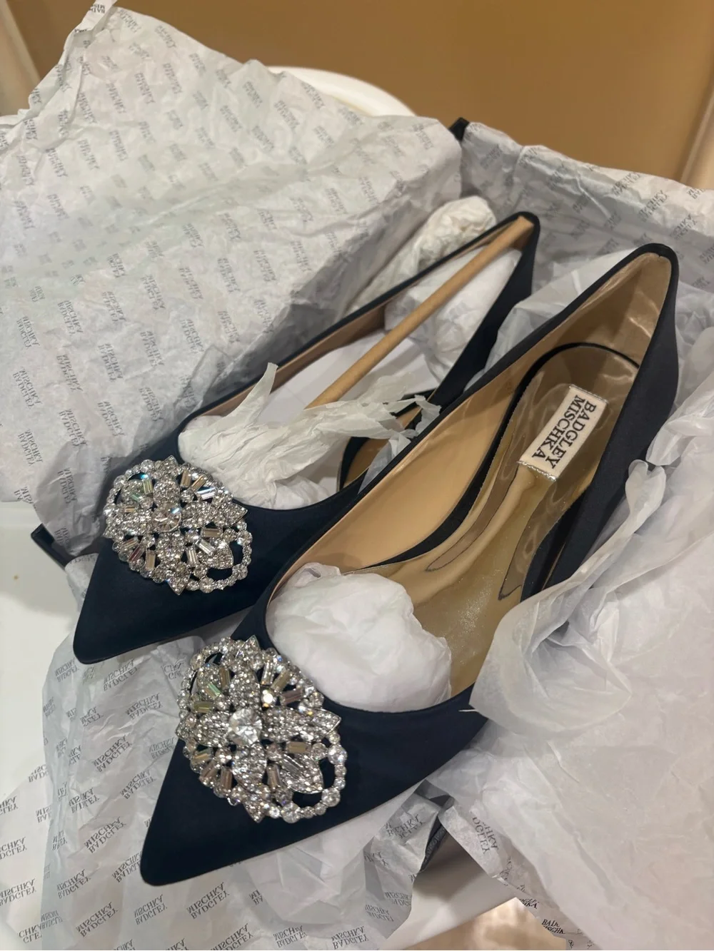 Badgley Mischka Black Satin Pointed-Toe Heels with Crystal Brooch